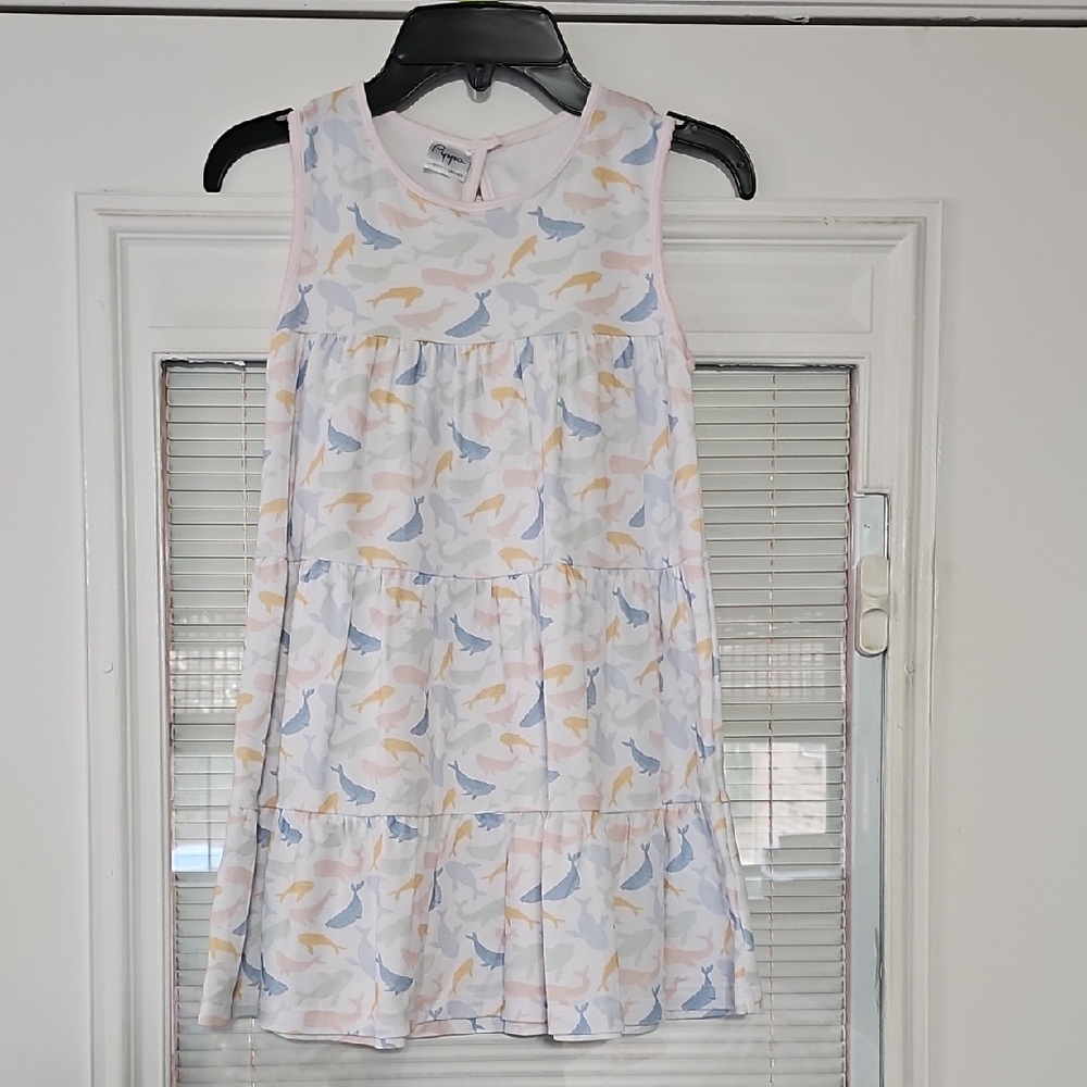 Sleeveless Tiered Kids Dress with Pastel Whale Print - Pink/Blue/Yellow